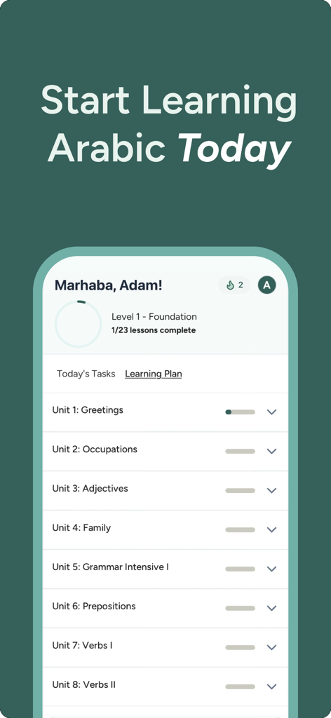 Takallam AI - Takallam AI app dashboard showing Arabic language learning units and progress tracking