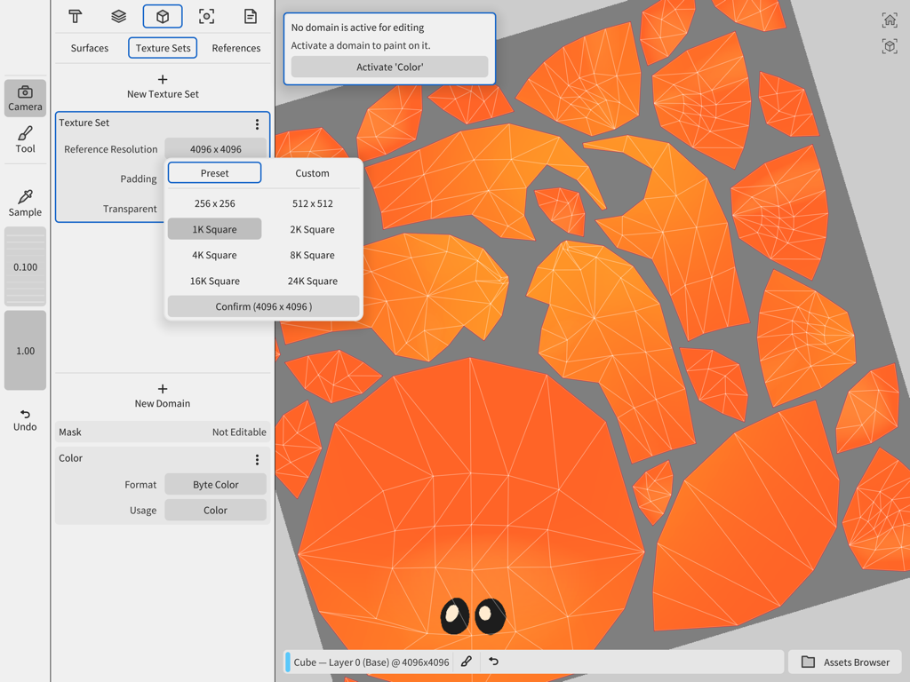 Wafer - 3D Texture Paint - Una vista de mapa UV 2D en la aplicación Wafer mostrando ajustes de resolución de texturas de hasta 24K