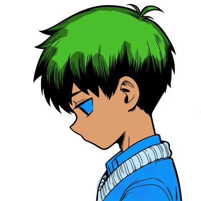 a sad manga boy from the side angle