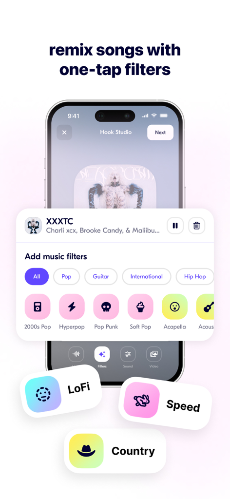 Hook app interface showing one-tap music filters like LoFi and Speed for remixing songs