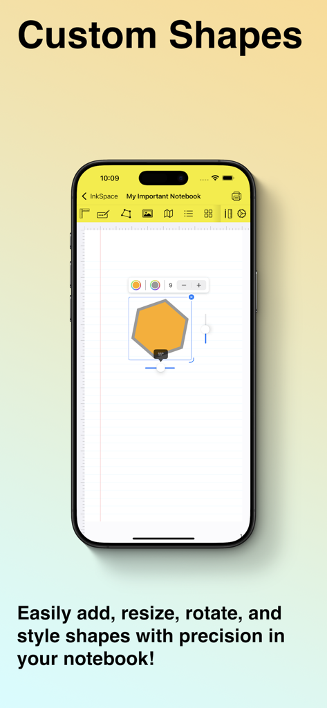 iPhone-Bildschirm, der die InkSpace-App-Oberfläche zeigt, auf der eine benutzerdefinierte Sechseckform auf einer digitalen Notizbuchseite bearbeitet wird