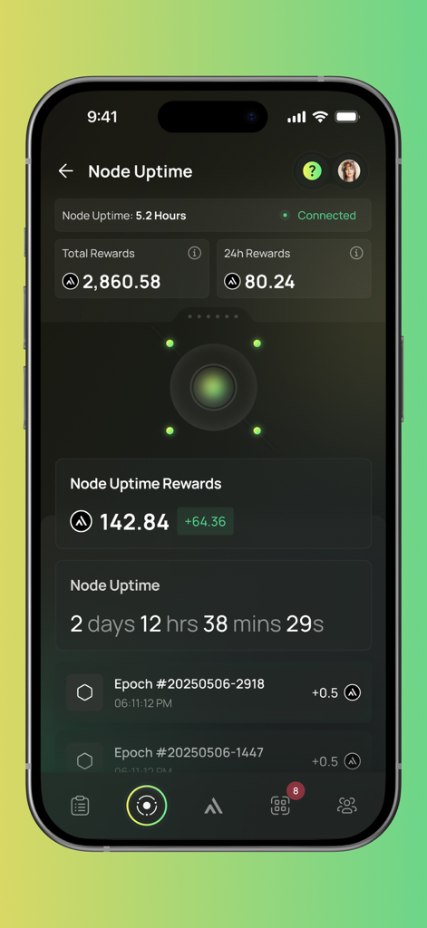 OptimAI Edge Node - OptimAI Edge Nodeアプリのダッシュボード。ノードの稼働時間と獲得した報酬が表示されます。