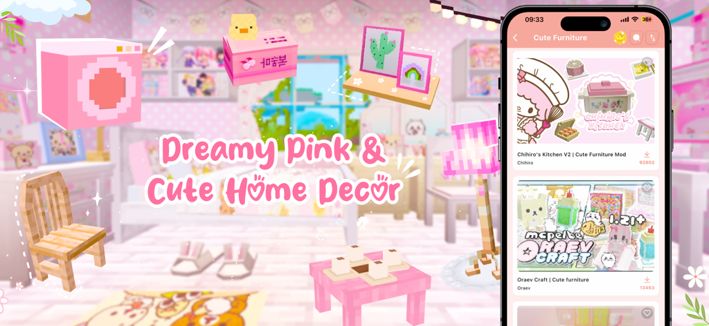 App interface for cute and dreamy pink Minecraft furniture mods