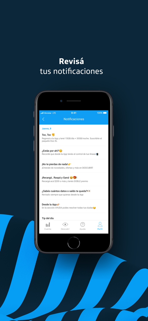 Mi Movistar Uruguay - App Mi Movistar Uruguay mostrando la pantalla de notificaciones con varias alertas de servicio y promociones.