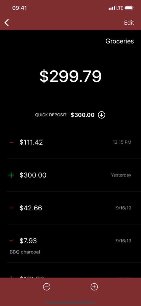 Envelopes: Budget Manager - Mobile app screen showing the transaction history and balance for a groceries envelope with a dark theme and red accents.