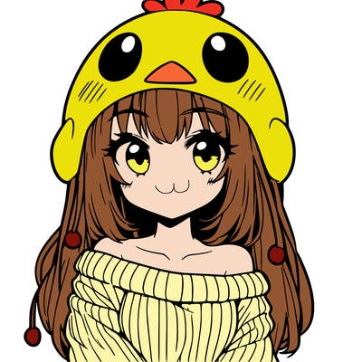 anime girl with chick shaped hat with sweater with bare shoulders with bangs covering them one eye with low tail
