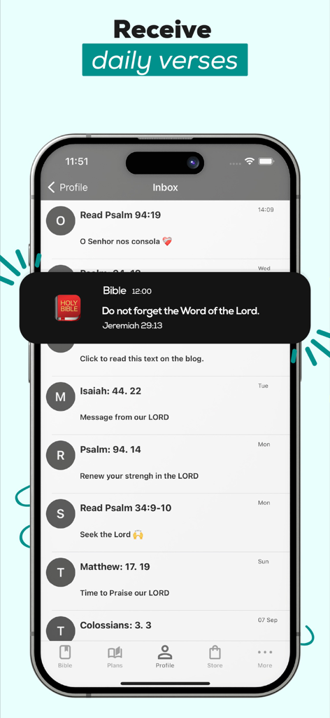 Bible Offline JFA - Écran de smartphone montrant la fonctionnalité de notification du verset biblique quotidien et la boîte de réception des messages d'écriture