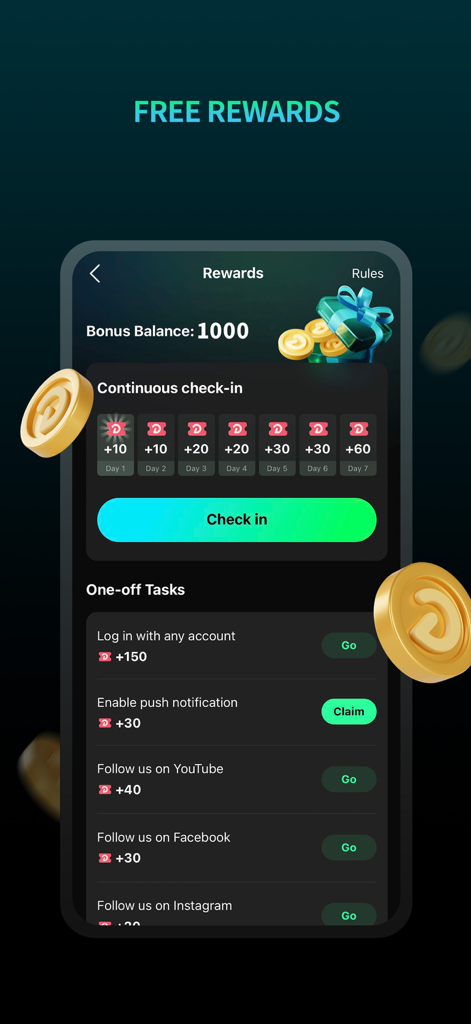 iDrama app rewards screen showing daily check-in streak and task list for earning bonuses.