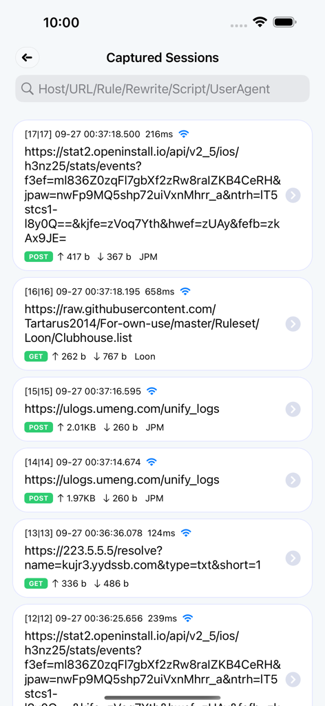 A list of captured network sessions in the Loon app displaying URLs and request details