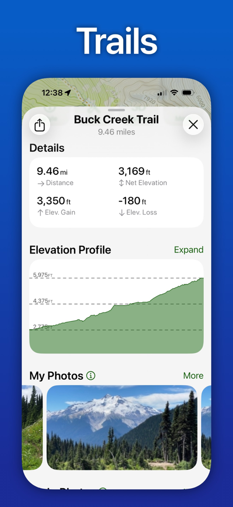 Topo Maps+ - Screenshot of Topo Maps plus app showing Buck Creek Trail distance, elevation gain, and profile graph.