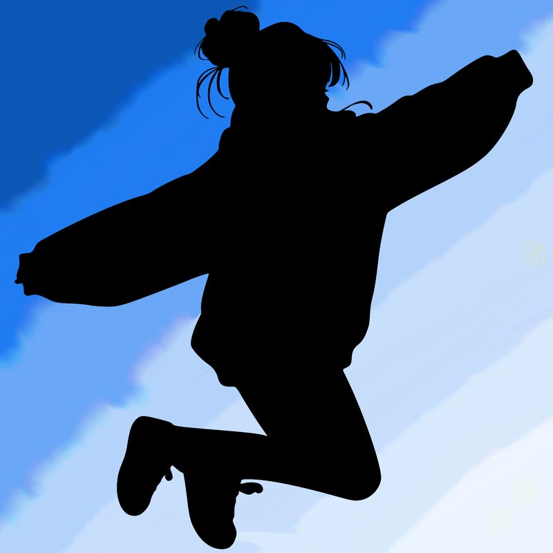 realistic girl jumping with a bun and oversized sweatshirt
