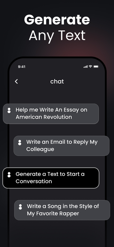 Interface do aplicativo Chat and Ask AI mostrando prompts para escrever ensaios, e-mails e músicas