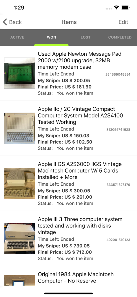 Una lista de subastas de ordenadores Apple vintage ganadas con éxito en la aplicación Myibidder