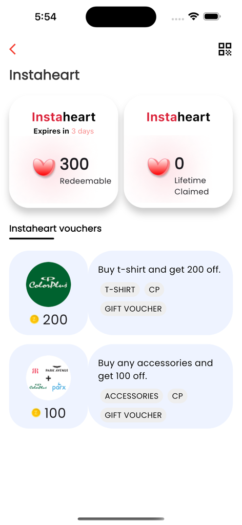 Raymond Rewards mobile app interface showing redeemable points and discount vouchers for clothing and accessories