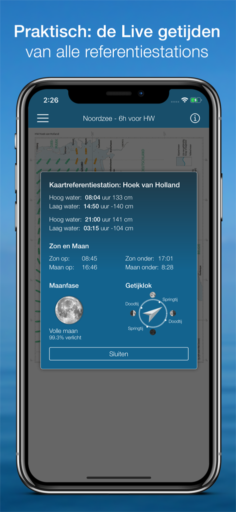 Stroomatlas Noordzee - Mobile app interface displaying live tidal data moon phases and tide clock for Hoek van Holland
