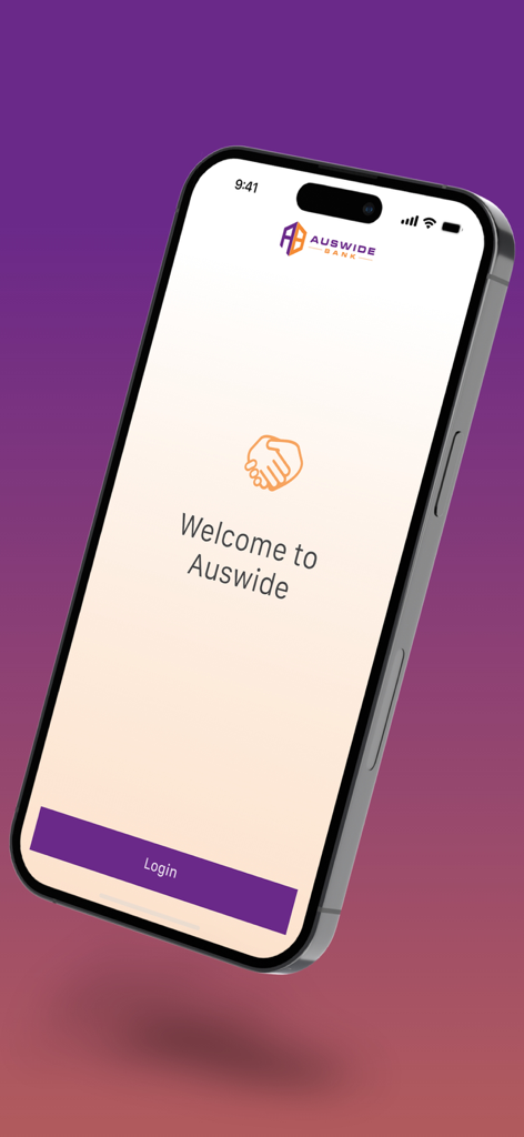 Auswide Bank - Schermata di avvio dell'app mobile Auswide Bank su un iPhone con un pulsante di accesso e un'icona di stretta di mano.
