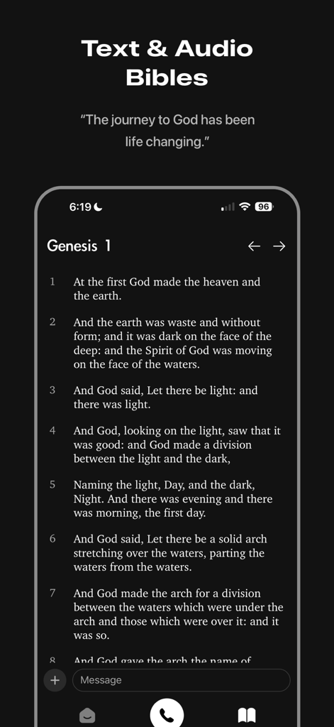 Faith app interface showing the first chapter of Genesis in dark mode with text and audio options