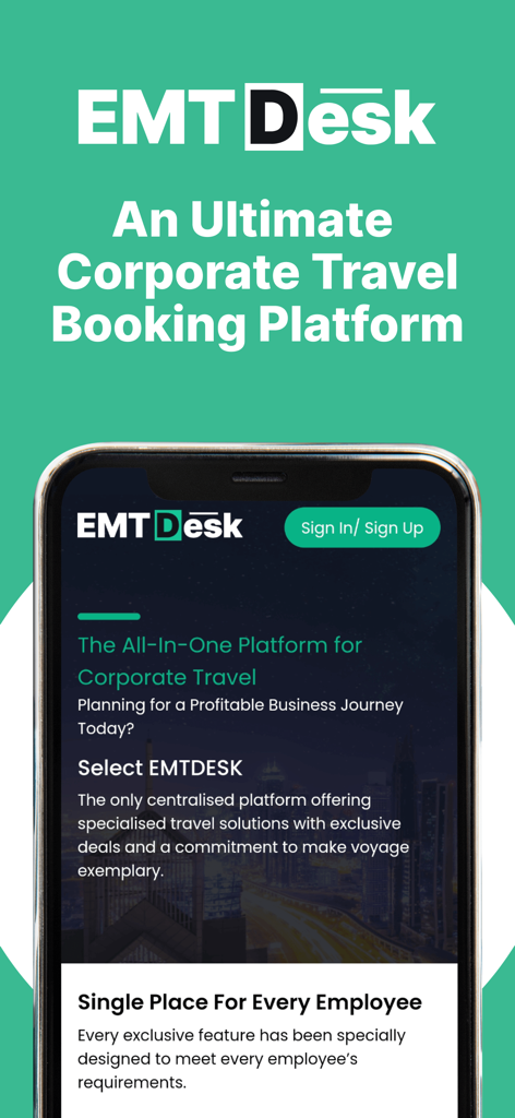EMTDesk - EMTDesk mobile app home screen showcasing corporate travel booking features