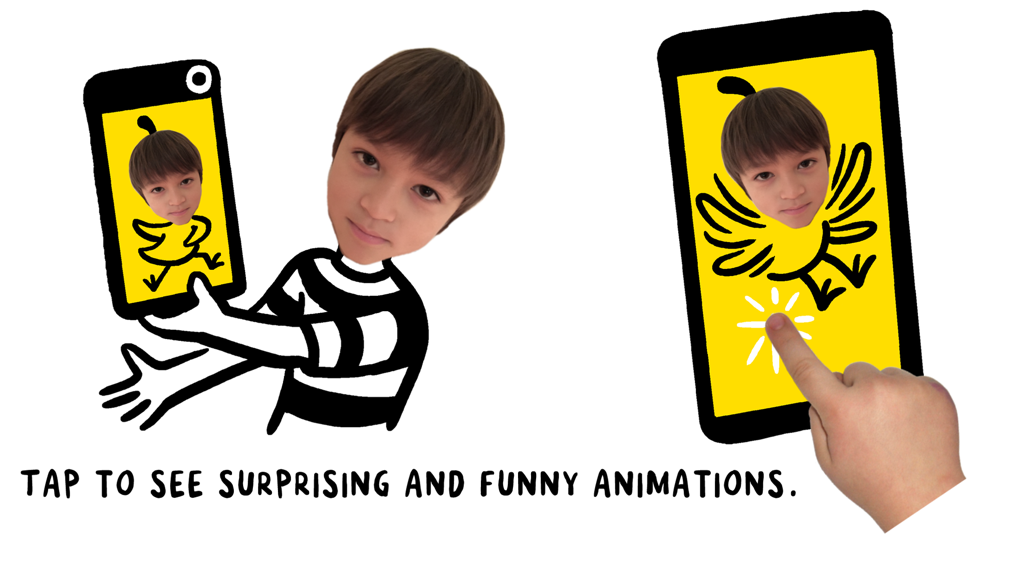 A child's face integrated into hand-drawn animations within the CHOMP app