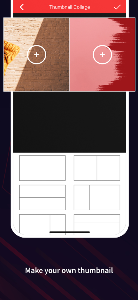 YT Thumbnail Maker - App-Oberfläche des YT Thumbnail Maker mit verschiedenen Collage-Layoutvorlagen zur Erstellung von YouTube-Thumbnails.