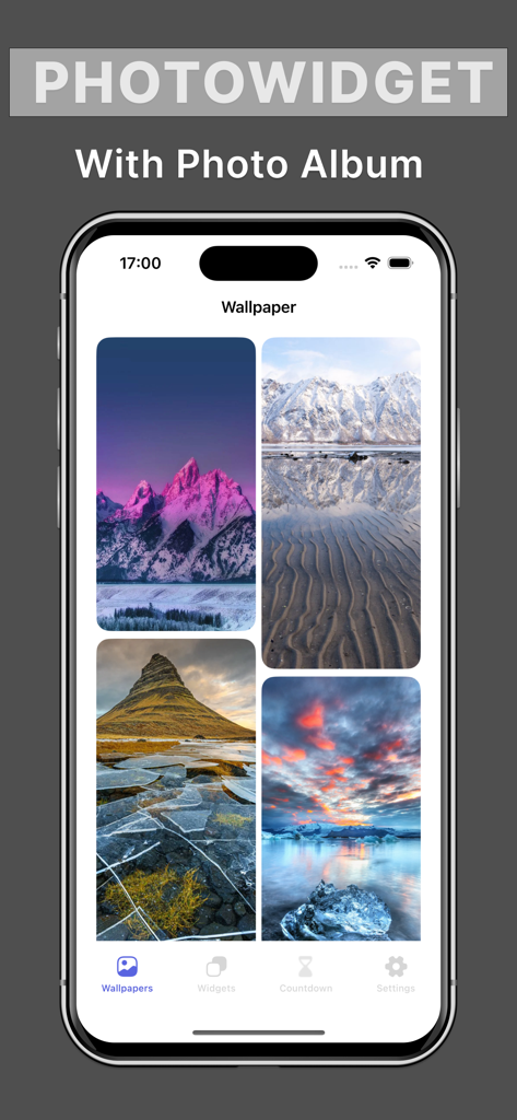 Una galería de fondos de pantalla estéticos de naturaleza dentro de la aplicación Micro Widget para la personalización del iPhone