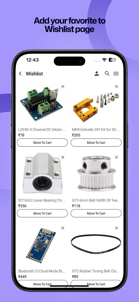 Robocraze - Robocraze app wishlist page displaying various electronic components and DIY maker parts