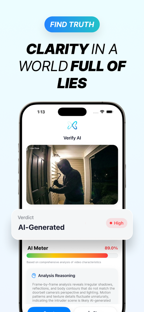 Verify AI - Photo Detector - Verify AI app interface showing a high confidence verdict that a security camera photo is AI generated