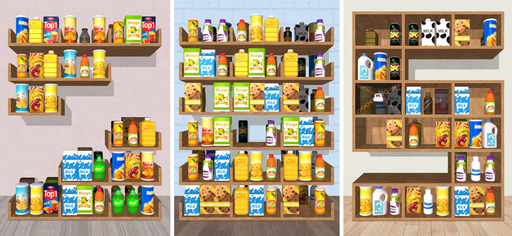 Closet Sort - Sort the goods - Tres capturas de pantalla verticales del juego móvil Closet Sort que muestran varios artículos de comida y bebida en 3D organizados en estantes de madera para ordenar.
