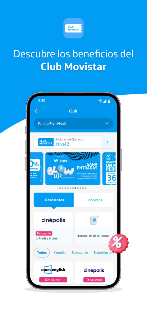 Mi Movistar Chile - Interfaz de la sección Club Movistar en la app Mi Movistar Chile mostrando descuentos y beneficios exclusivos para miembros