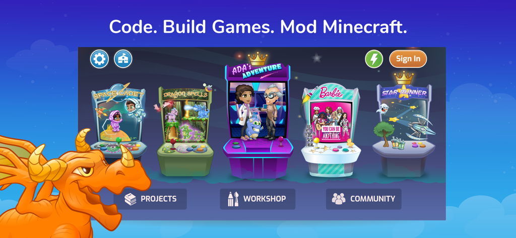 Tynker: Coding for Kids - Schermata principale dell'app Tynker che mostra vari giochi e moduli di programmazione per bambini