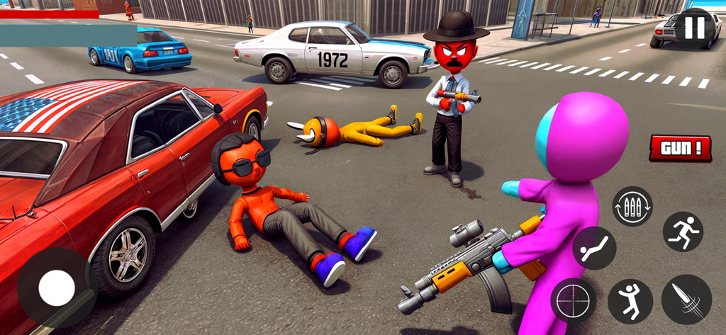 Crazy Stickman Hero Gangster - A pink stickman character holding a gun in a city street with cars and other characters lying on the ground.