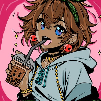 hot baddie anime girl drinking boba and biting the straw