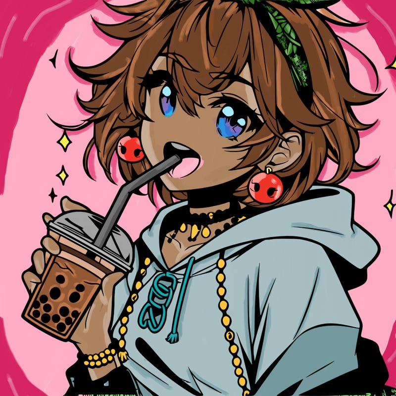 hot baddie anime girl drinking boba and biting the straw