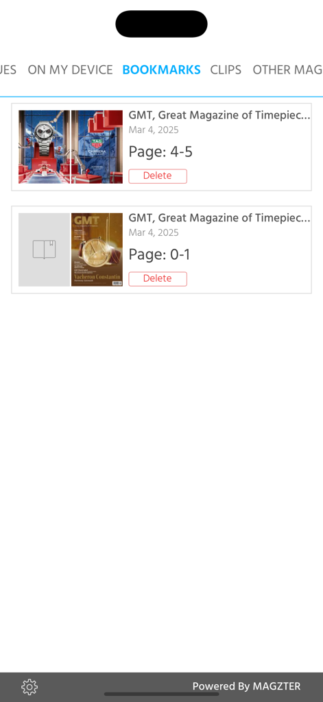 GMT German-English - Interface of the GMT magazine app showing the bookmarks section with saved pages and watch photography thumbnails
