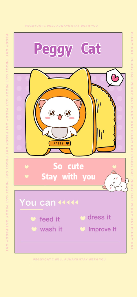 Peggy Cat - A Virtual Pet - Promotional screen for Peggy Cat virtual pet showing a cute white cat in a yellow house with gameplay features like feeding and dressing