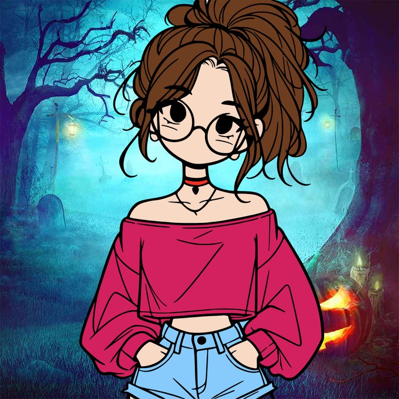 girl with a messy ponytail glasses a baggy crop top and jean shorts