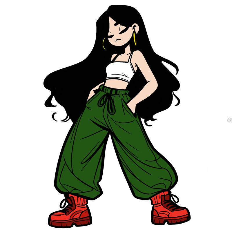 girl in baggy pants crop top and long hair