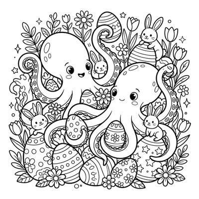 Get ready for an adorable Easter celebration with our unique giant octopi coloring page. These friendly cephalopods are hiding among decorated eggs and playful bunnies, waiting for your creative touch.