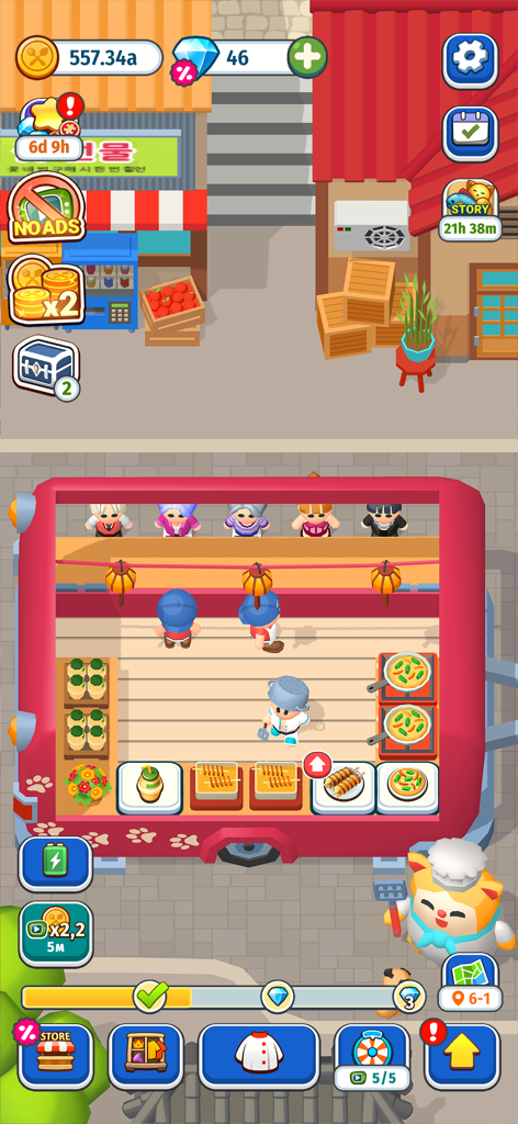 Foodventure Inc: Idle Tycoon - Un personaggio chef che serve clienti a un food truck rosso nel gioco mobile Foodventure Inc