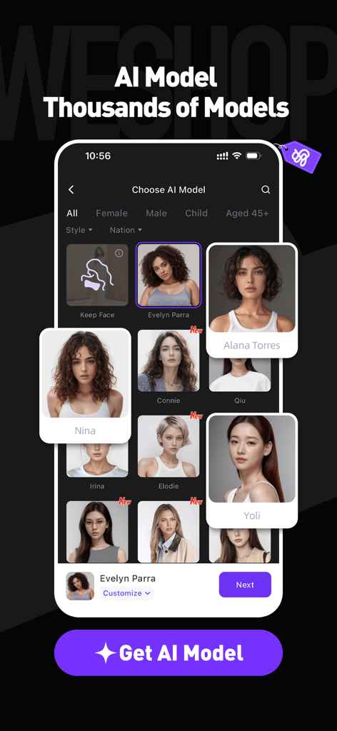 WeShop AI - Swap Face & BG - Eine Auswahl vielfältiger KI-Models in der WeShop AI App-Oberfläche