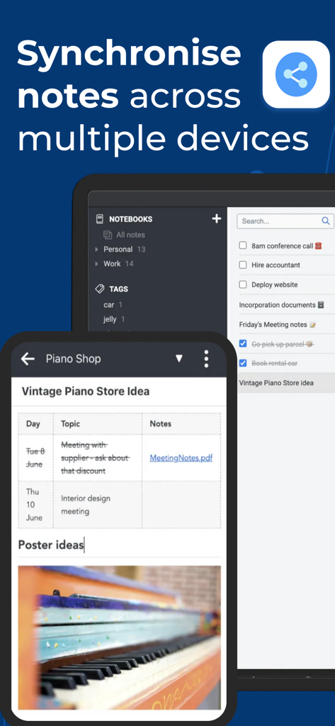Interfaz de la aplicación Joplin que muestra la sincronización de notas entre un teléfono inteligente y una computadora portátil