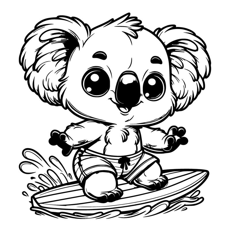 a little cut animal which looks like a koala and has big hears and big eyes doing surf realistic