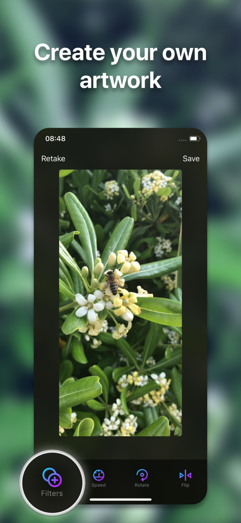 Live Wallpaper Maker: 4K Theme - Interface of the Live Wallpaper Maker app showing editing tools like filters and speed for a custom photo of a bee on flowers
