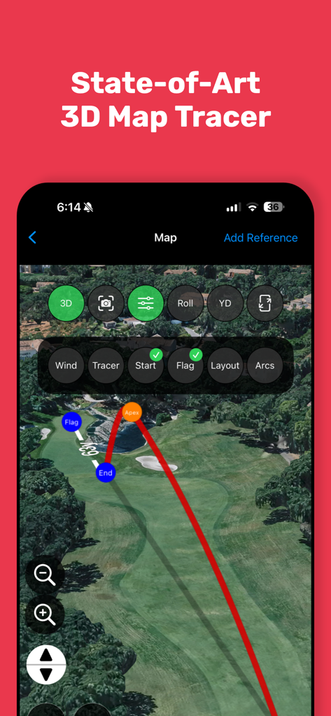 Shot Tracer app showing 3D map ball flight tracking on a golf course.