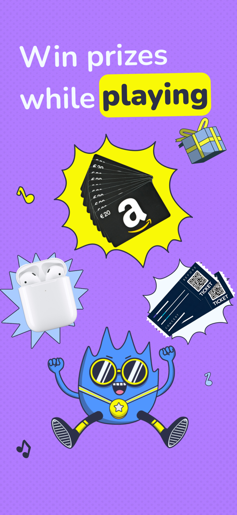 Mukiz - Guess the song - Une illustration colorée montrant des prix tels que des cartes cadeaux Amazon, des AirPods et des billets de concert à gagner en jouant au jeu de quiz musical Mukiz.