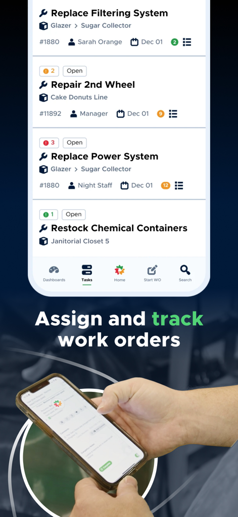Limble CMMS - Mobile view of Limble CMMS showing a list of assigned work orders and task tracking features