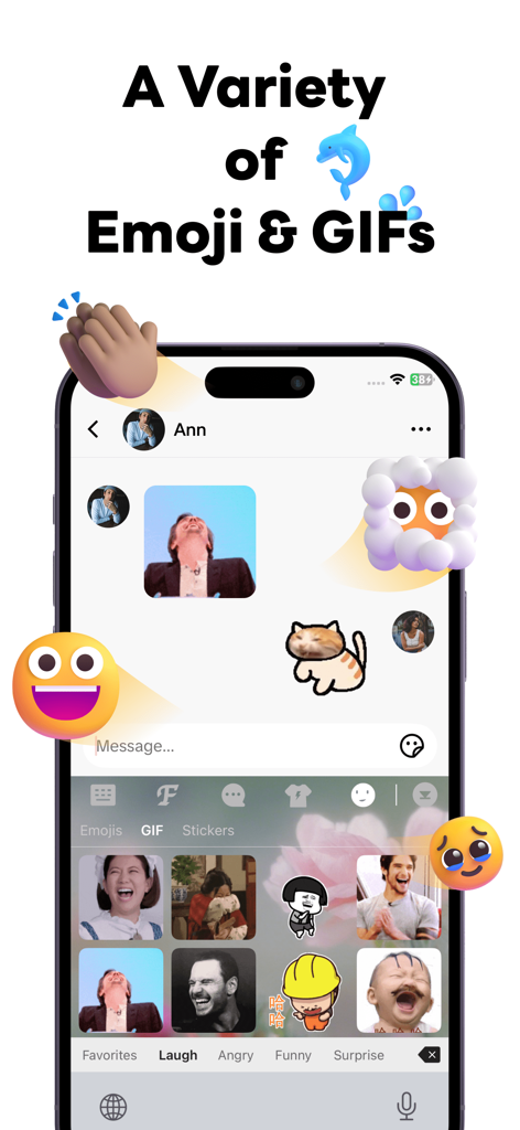 Interfaz de usuario de HT Keyboard Fonts que muestra una variedad de emojis y GIFs animados en una pantalla de chat.