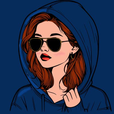 realistic teenage girl, wearing a hoodie and sunglasses