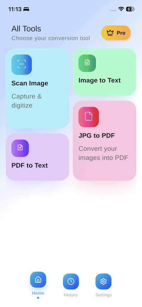 Image to Text Scanner OCR App - Pantalla de inicio de la App Escáner de Imágenes a Texto OCR mostrando varias herramientas de conversión como Escanear Imagen, Imagen a Texto, PDF a Texto y JPG a PDF