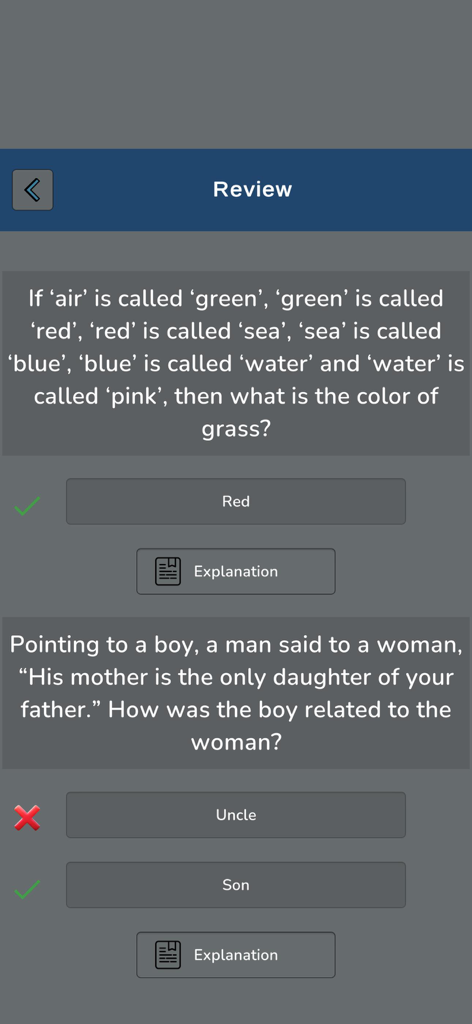Interactive logic puzzles in the Logic IQ Quiz app with multiple choice questions and review feedback